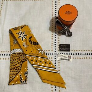Hermes Twilly silk scarf Les Leopards print gold & black